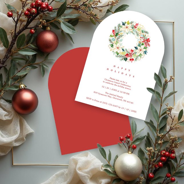 Invitación Red Delicate Chic Winter Christmas Wreath Party (Delicate Chic Winter Christmas Wreath Holiday Party Invitations Cards in Digital Watercolor Style. )