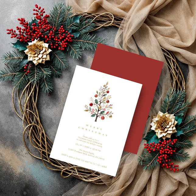 Invitación Red Delicate Minimalist Chic Winter Christmas Tree (Minimalist Chic Winter Christmas Tree Holiday Party Invitations Cards in Digital Watercolor Style.)