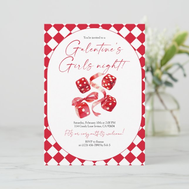Invitación Red Dice & Ribbon Galentine’s Girls Night Party (Anverso de pie)