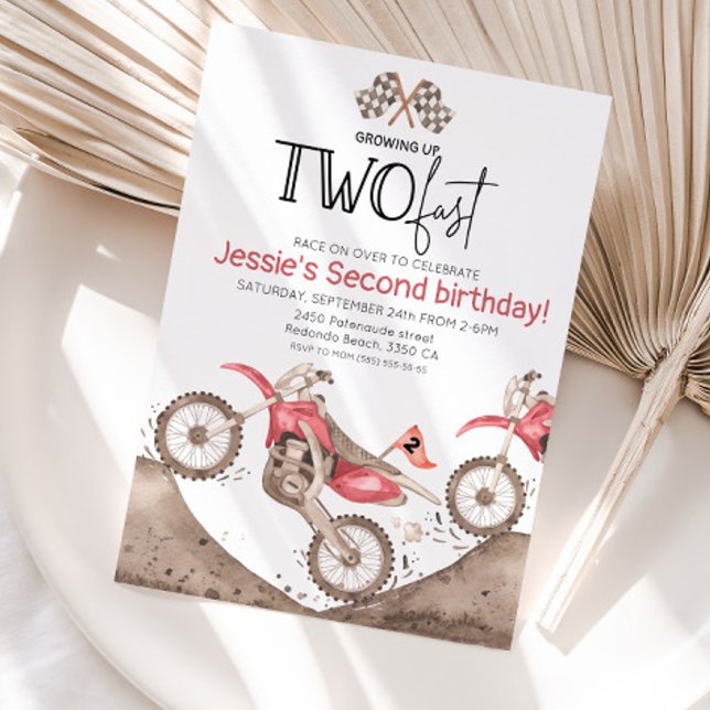Invitación Red Dirt Bike 2nd birthday - Growing up two fast (Red dirt bike birthday invitation, growing up two fast)