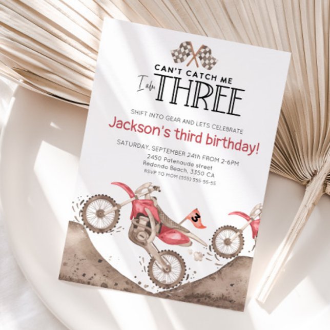 Invitación Red Dirt Bike 3rd birthday - Cant catch me (Red dirt bike birthday invitation)