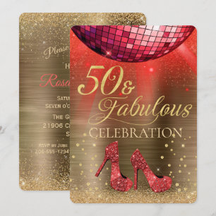 Invitación Red Disco Ball Gold 50 y fabuloso cumpleaños