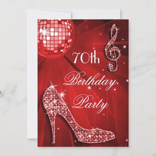 Invitación Red Disco Ball y Heels 70 cumpleaños (Anverso)