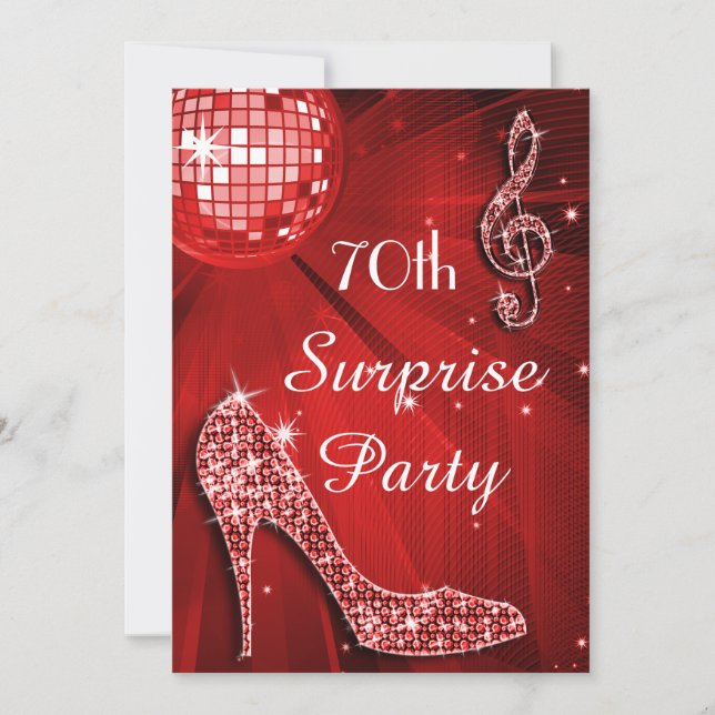 Invitación Red Disco Ball y Heels 70 cumpleaños sorpresa (Anverso)
