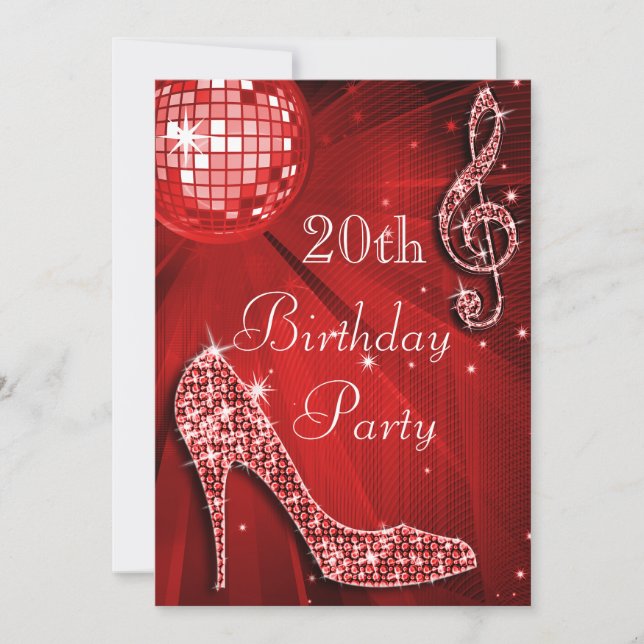 Invitación Red Disco Ball y Sparkle Heels cumpleaños 20 (Anverso)