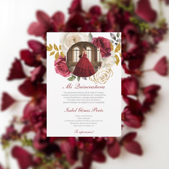 Invitación Red dress Quinceanera with picture in Spanish (Subido por el creador)