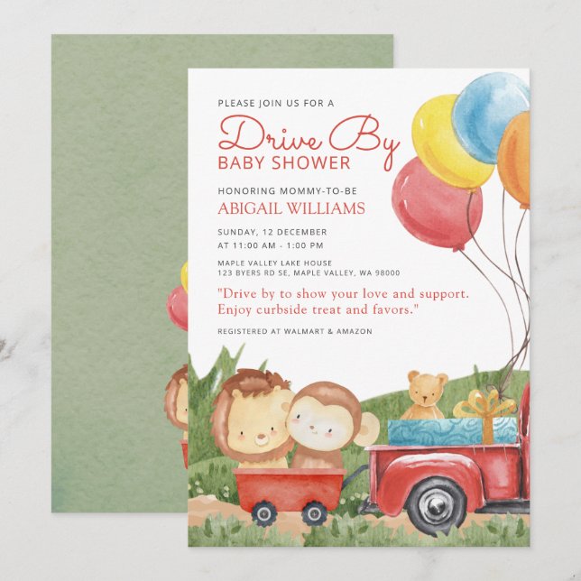 Invitación Red Drive-By Woodland Animals Truck Baby Shower (Anverso / Reverso)