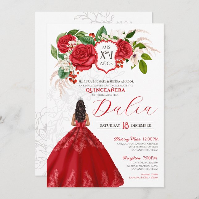 Invitación Red Elegance Rosas audaces Escudo formal Quinceane (Anverso / Reverso)