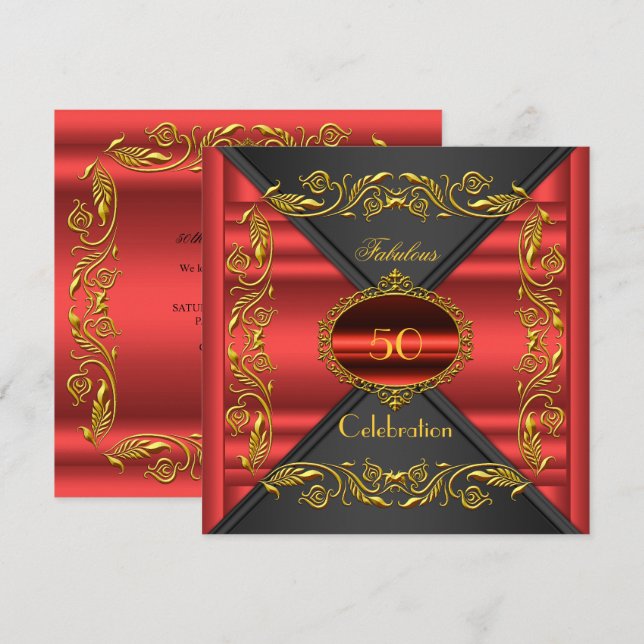Invitación Red Elegant Black Gold Fabuloso cumpleaños 50 (Anverso / Reverso)