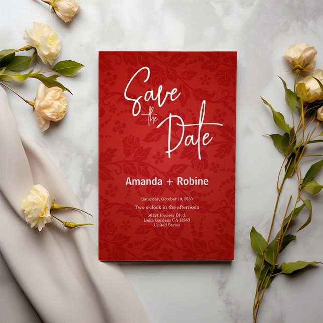 Invitación Red Elegant Floral Save the Date Card (Subido por el creador)