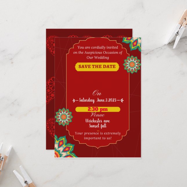 Invitación Red elegante boda indio, salva la fecha (Anverso/Reverso In Situ)
