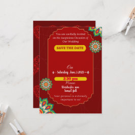 Invitación Red elegante boda indio, salva la fecha