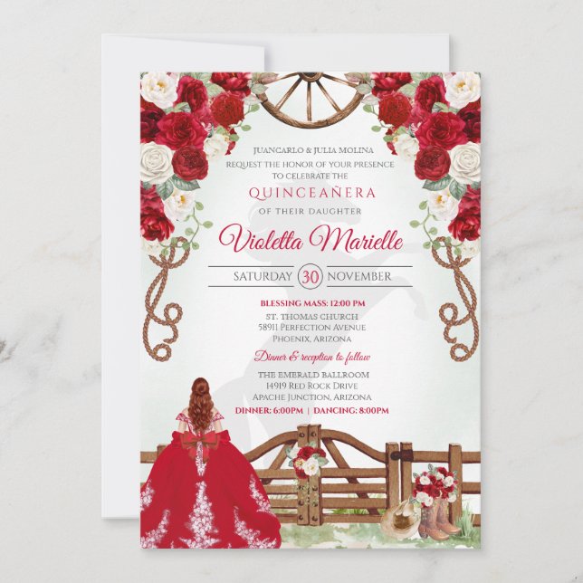 Invitación Red Elegante Rustic Charro Occidental Quinceanera  (Anverso)