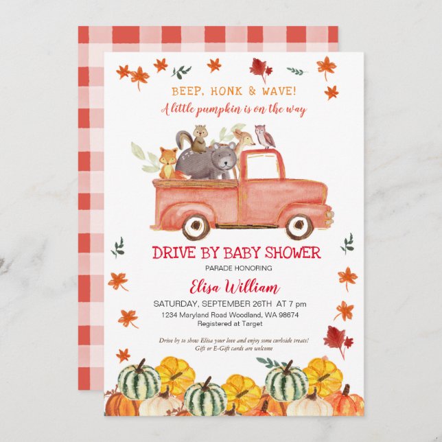 Invitación Red Fall Truck Pumpkin Autumn Drive De Baby Shower (Anverso / Reverso)