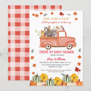 Invitación Red Fall Truck Pumpkin Autumn Drive De Baby Shower