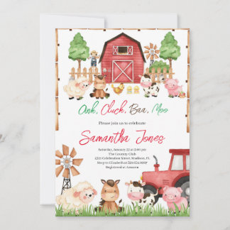 Invitación Red Farm Animals Baby Shower