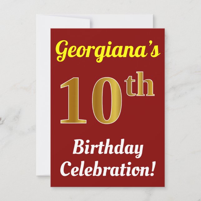 Invitación Red, Faux Gold 100th Birthday Celebration + Name (Anverso)