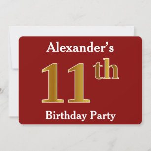 Invitación Red, Faux Gold 11th Birthday Party + Custom Name