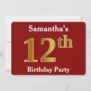 Invitación Red, Faux Gold 12th Birthday Party + Custom Name