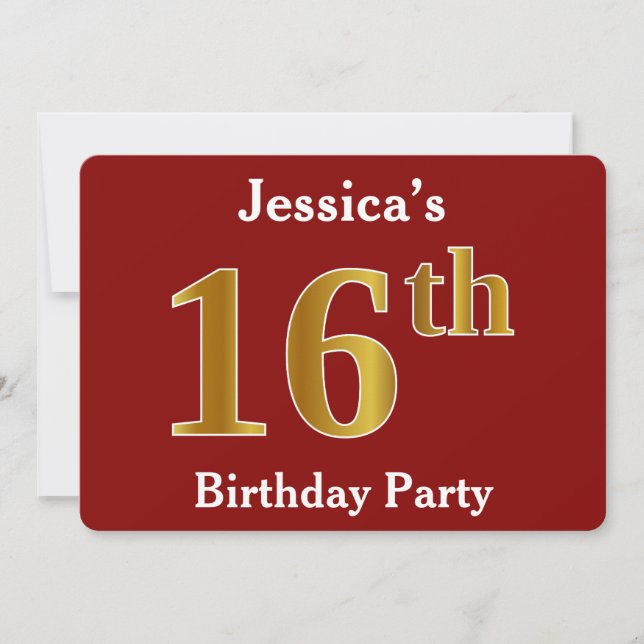 Invitación Red, Faux Gold 16th Birthday Party + Custom Name (Anverso)