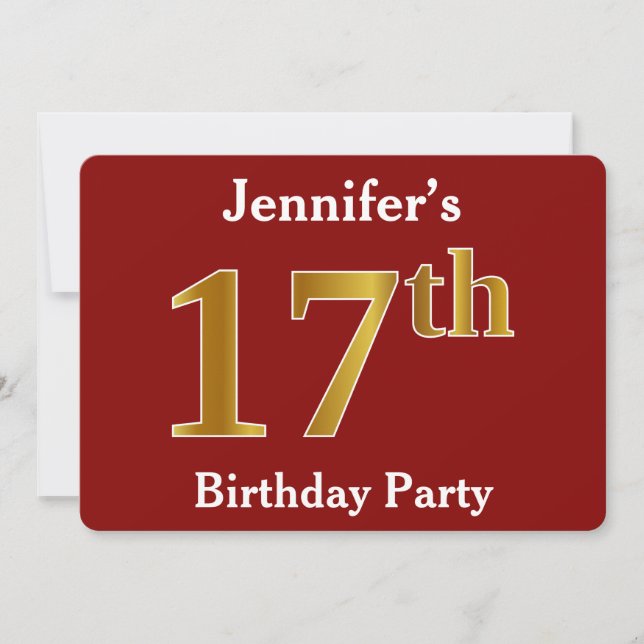 Invitación Red, Faux Gold 17th Birthday Party + Custom Name (Anverso)