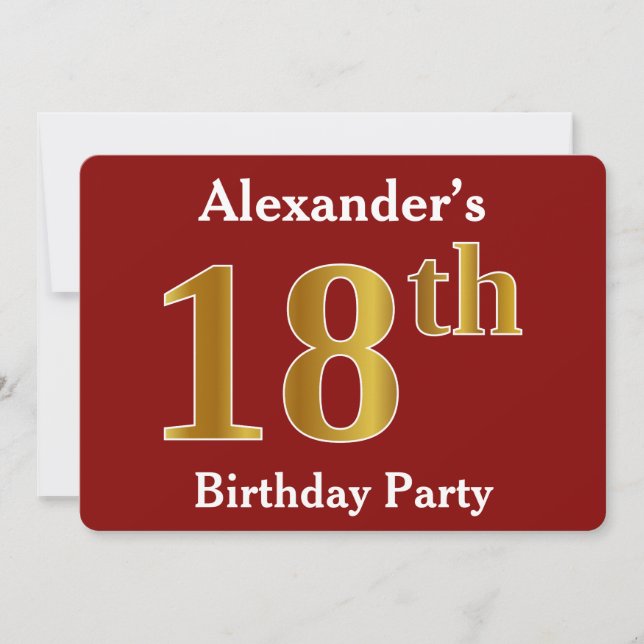 Invitación Red, Faux Gold 18th Birthday Party + Custom Name (Anverso)