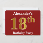 Invitación Red, Faux Gold 18th Birthday Party   Custom Name<br><div class="desc">Este diseño de invitación presenta el número ordinal "18" con un aspecto falso dorado. También incluye un nombre personalizado y un fondo rojo. Los detalles del evento en la parte posterior se pueden personalizar. Se podría usar para invitar a la gente a la fiesta de 18 años de alguien. [~Z0000012]...</div>