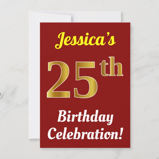 Invitación Red, Faux Gold 25th Birthday Celebration + Name (Anverso)