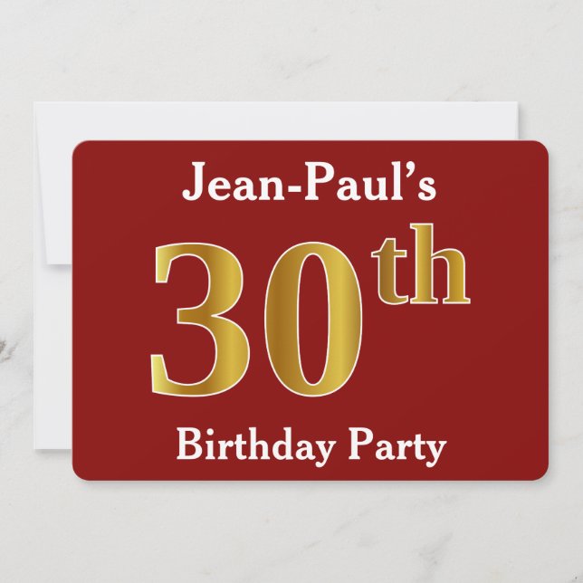 Invitación Red, Faux Gold 30th Birthday Fiesta + Custom Name (Anverso)