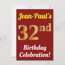 Invitación Red, Faux Gold 32nd Birthday Celebration + Name
