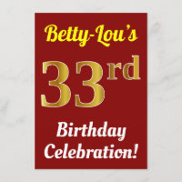 Red, Faux Gold 33ª Celebración de cumpleaños + nom