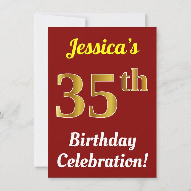 Invitación Red, Faux Gold 35th Birthday Celebration + Name (Anverso)