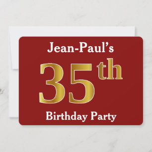 Invitación Red, Faux Gold 35th Birthday Party + Custom Name