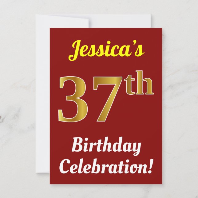 Invitación Red, Faux Gold 37th Birthday Celebration + Name (Anverso)