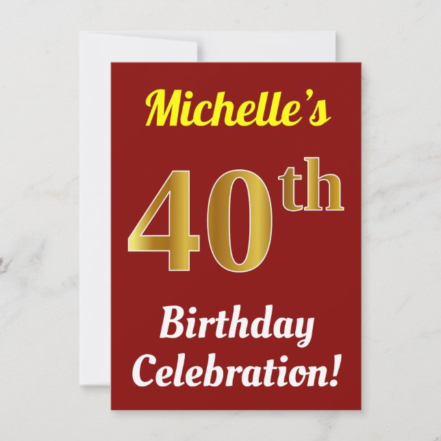 Invitación Red, Faux Gold 40th Birthday Celebration + Name (Anverso)