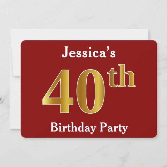 Invitación Red, Faux Gold 40th Birthday Fiesta + Custom Name (Anverso)