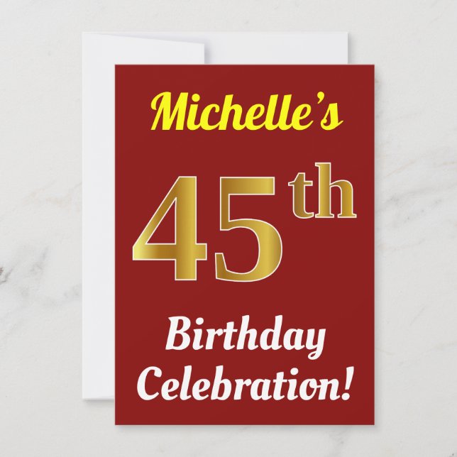 Invitación Red, Faux Gold 45th Birthday Celebration + Name (Anverso)