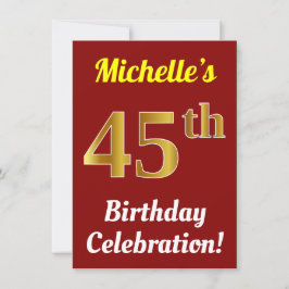 Invitación Red, Faux Gold 45th Birthday Celebration + Name