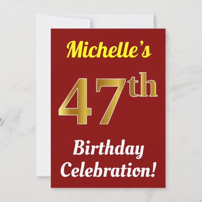 Invitación Red, Faux Gold 47th Birthday Celebration + Name (Anverso)