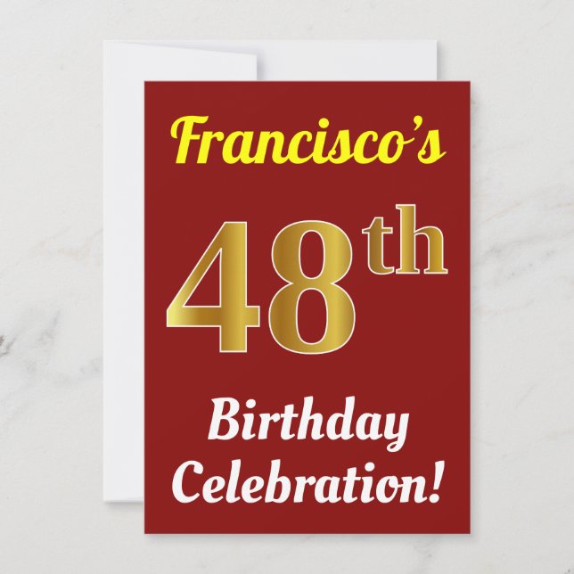 Invitación Red, Faux Gold 48th Birthday Celebration + Name (Anverso)