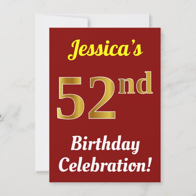 Invitación Red, Faux Gold 52nd Birthday Celebration + Name (Anverso)