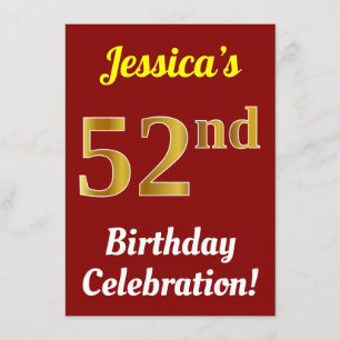 Invitación Red, Faux Gold 52nd Birthday Celebration + Name