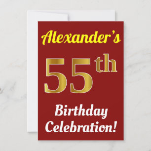 Invitación Red, Faux Gold 55th Birthday Celebration + Name