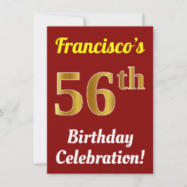 Invitación Red, Faux Gold 56th Birthday Celebration + Name