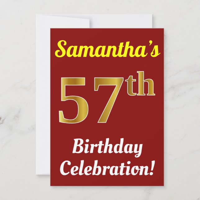 Invitación Red, Faux Gold 57th Birthday Celebration + Name (Anverso)