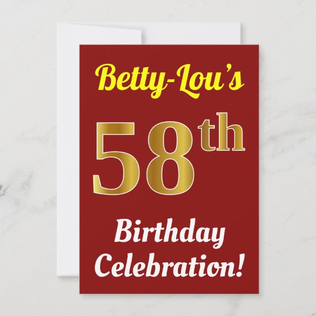 Invitación Red, Faux Gold 58th Birthday Celebration + Name (Anverso)
