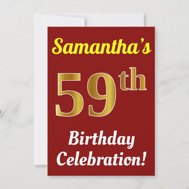 Invitación Red, Faux Gold 59th Birthday Celebration + Name (Anverso)