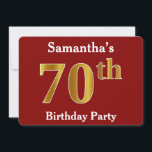 Invitación Red, Faux Gold 70th Birthday Party   Custom Name<br><div class="desc">Este diseño de invitación presenta el número ordinal "70" con un aspecto falso dorado. También tiene un nombre de personalizable y un fondo rojo. Los detalles del evento en la parte posterior se pueden personalizar. Podría ser usado para invitar a la gente a la fiesta de cumpleaños setenta de alguien....</div>