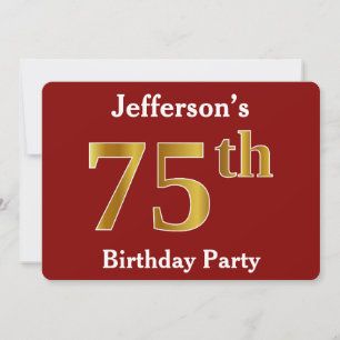 Invitación Red, Faux Gold 75th Birthday Party + Custom Name