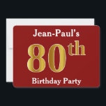 Invitación Red, Faux Gold 80th Birthday Party   Custom Name<br><div class="desc">Este diseño de invitación presenta el número ordinal "80" con un aspecto falso dorado. También cuenta con un nombre personalizado y un fondo rojo. Los detalles del evento en la parte posterior se pueden personalizar. Se podría usar para invitar a la gente a la fiesta de ochenta años de alguien....</div>